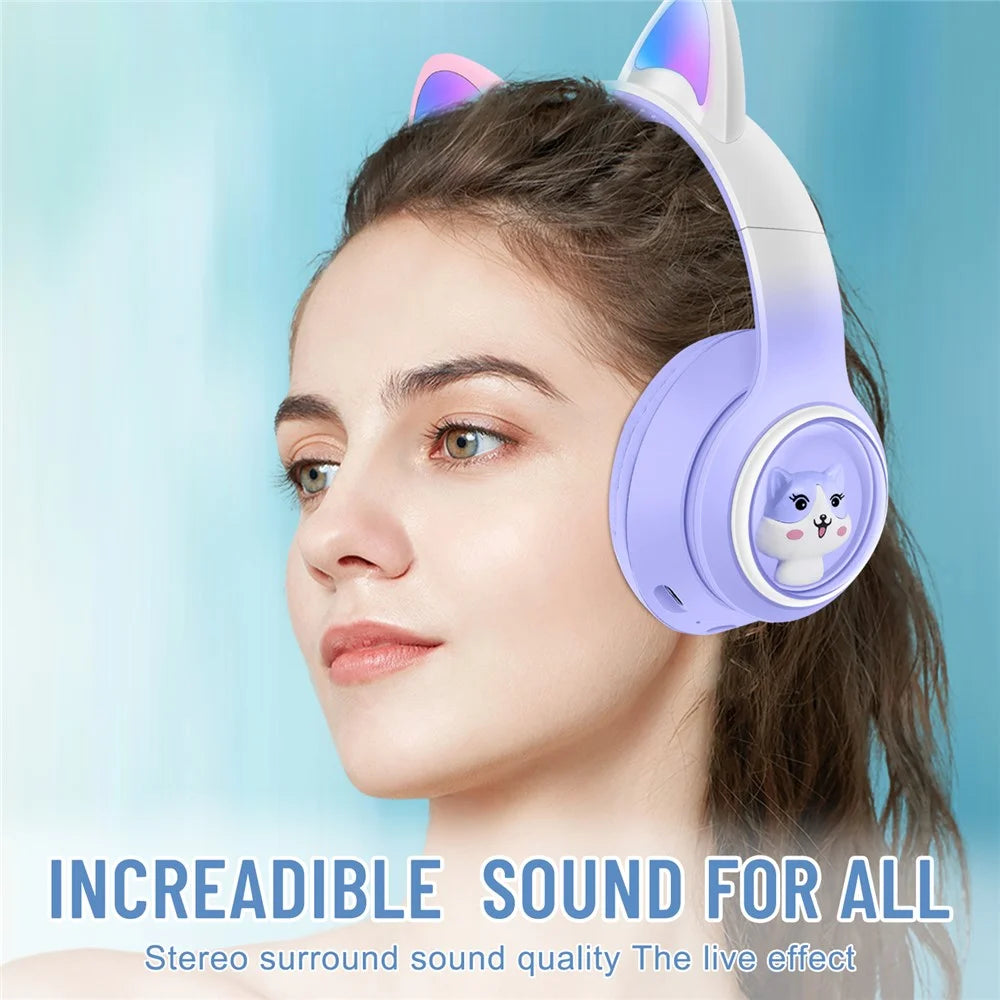 AKZ-02 Color Light Cat Ear Wireless Bluetooth-compatible Headphone Heavy Bass E-Sport Head-Mounted Headset - Gradient Sky Blue - 5