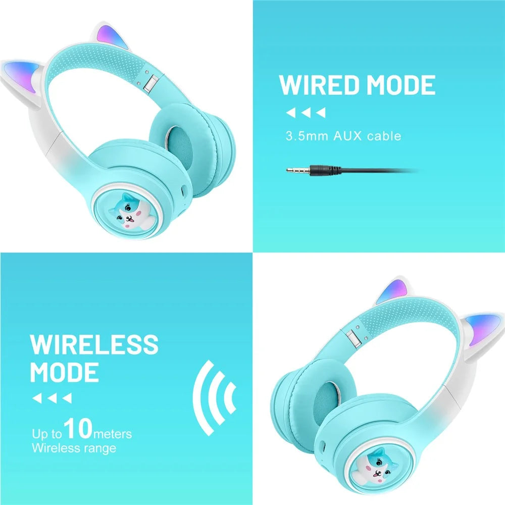 AKZ-02 Color Light Cat Ear Wireless Bluetooth-compatible Headphone Heavy Bass E-Sport Head-Mounted Headset - Gradient Sky Blue - 6