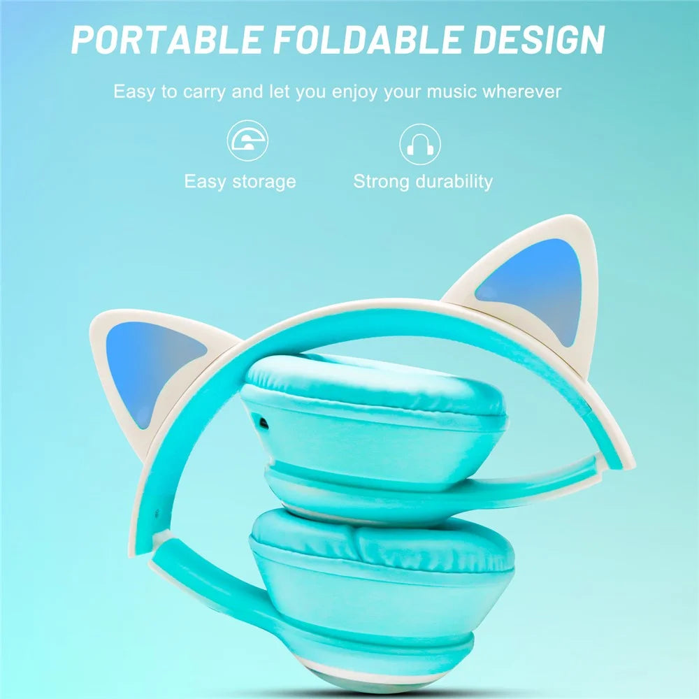 AKZ-02 Color Light Cat Ear Wireless Bluetooth-compatible Headphone Heavy Bass E-Sport Head-Mounted Headset - Gradient Sky Blue - 7