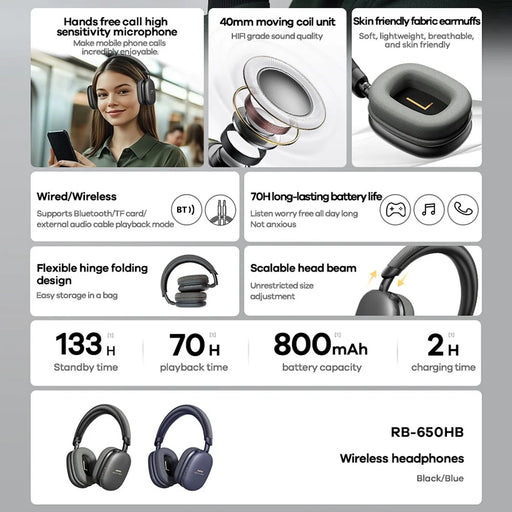 REMAX RB-650HB Wireless Headset Bluetooth-compatible Over-Ear Music Headphone - Black - 2
