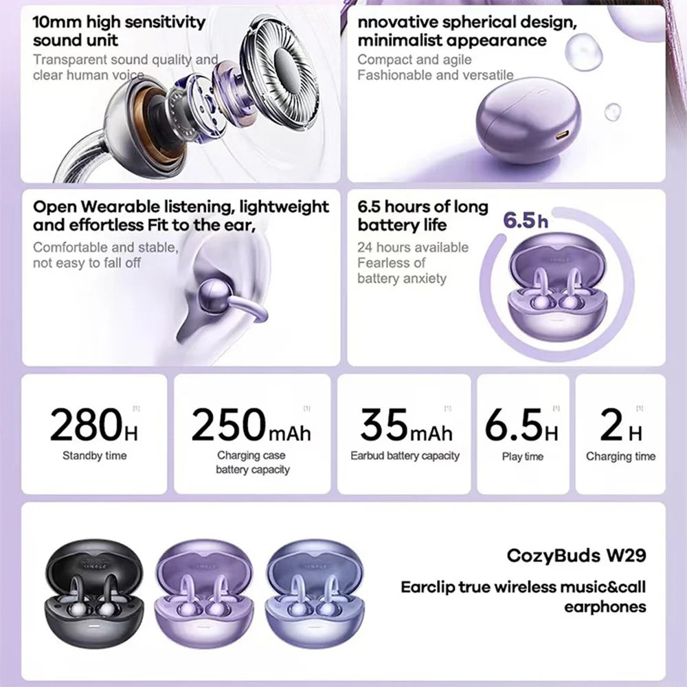 REMAX Cozybuds W29 Clip-On Ear Wireless Earbuds Bluetooth-compatible Music Earphones - Purple - 2