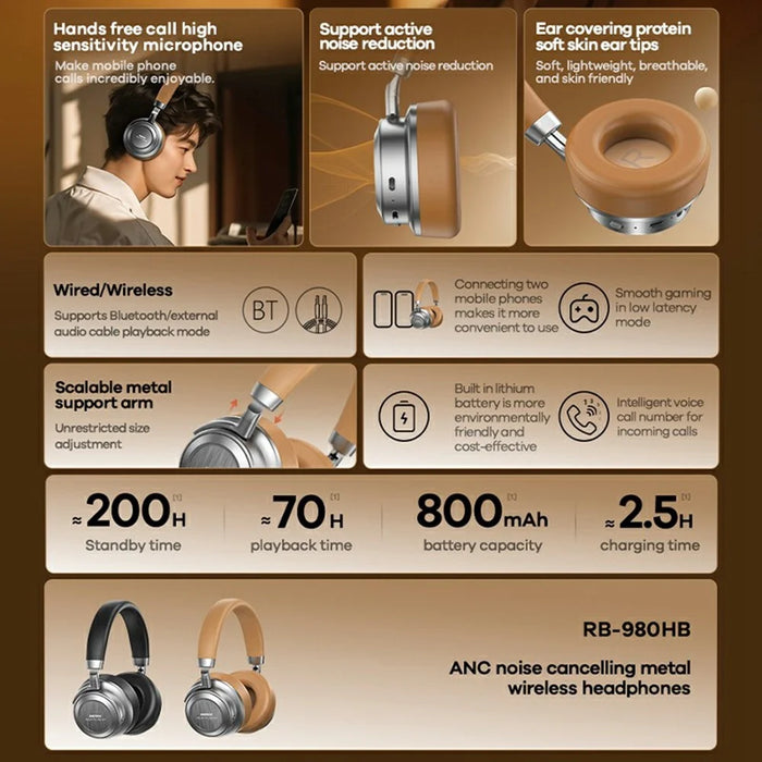 REMAX RB-980HB ANC Noise Reduction Metal Wireless Headphones Bluetooth-compatible Over-Ear Music Headset - Khaki - 2