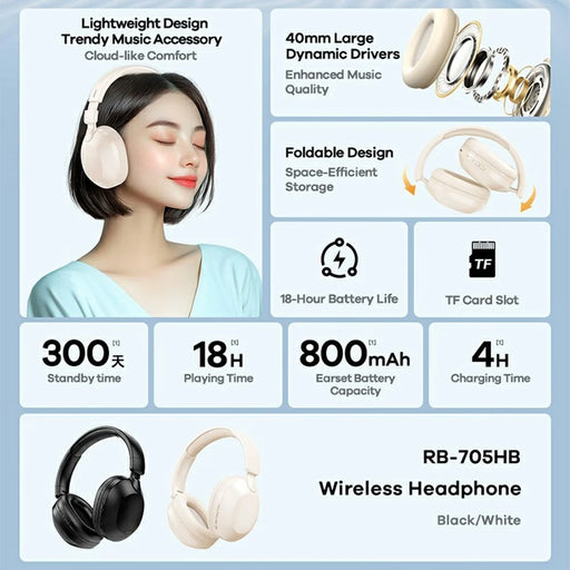 REMAX RB-705HB Wireless Headphones Bluetooth-compatible Over-Ear Headset 18H Playtime Long Battery Life - Black - 2