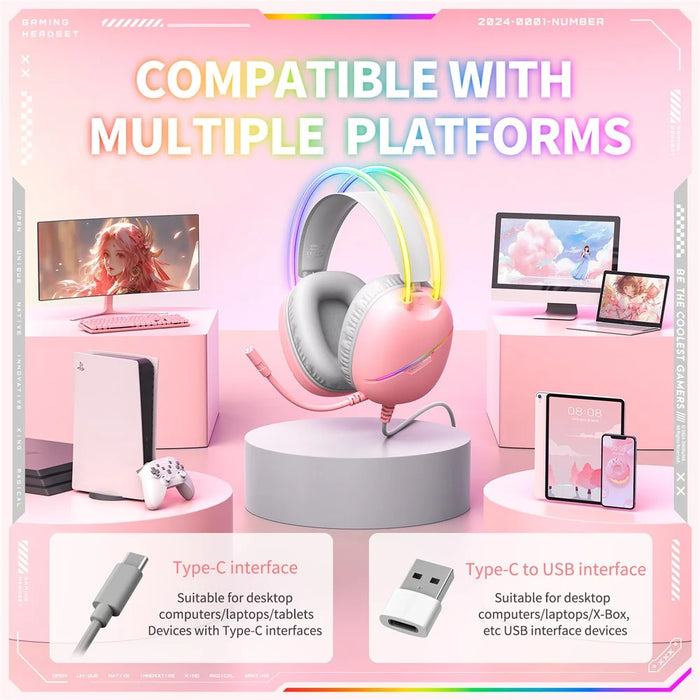 ONIKUMA X33 PC Gaming Headset Wired USB Type-C Over-Ear Headphone with Microphone - Pink - 7