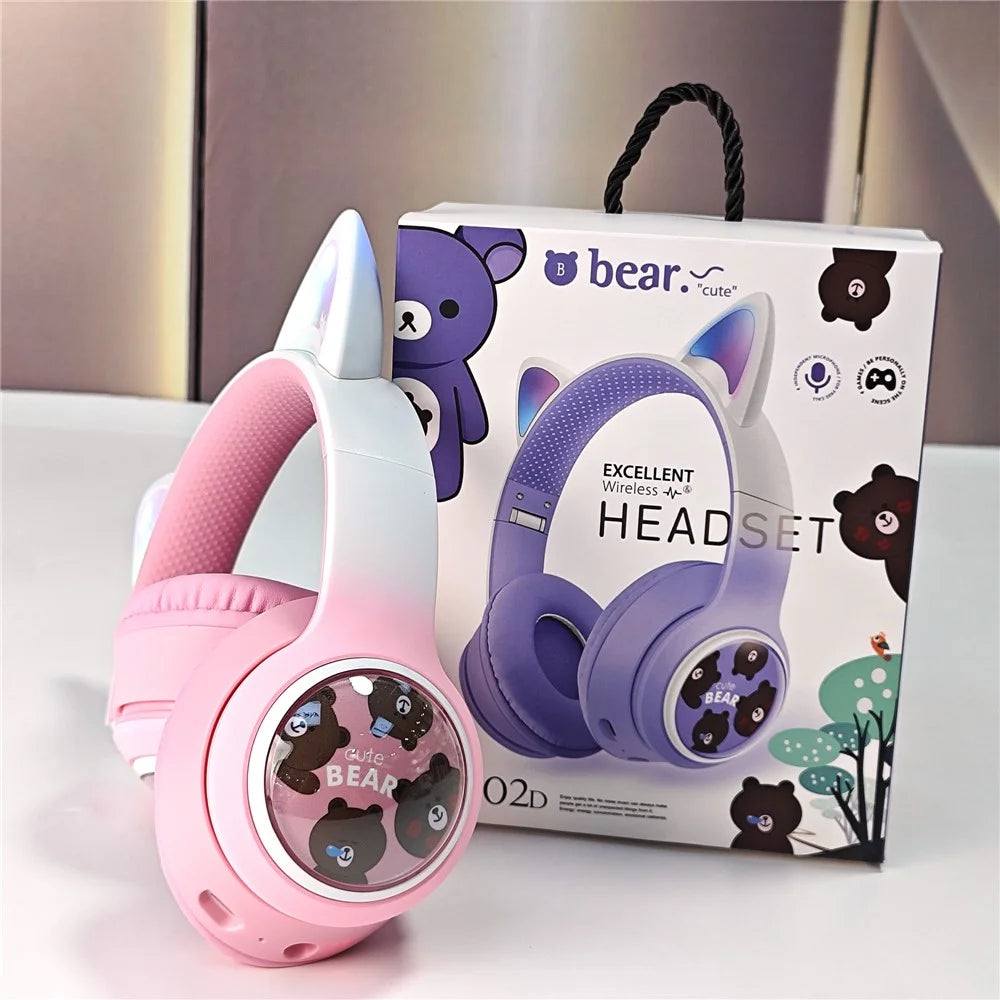 AKZ AKZ-02D Glowing Cat Ear Headphone Bluetooth-Compatible Wireless Deep Bass Gaming Headset - Pink - 2