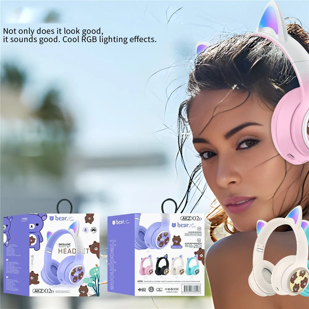 AKZ AKZ-02D Glowing Cat Ear Headphone Bluetooth-Compatible Wireless Deep Bass Gaming Headset - Pink - 3