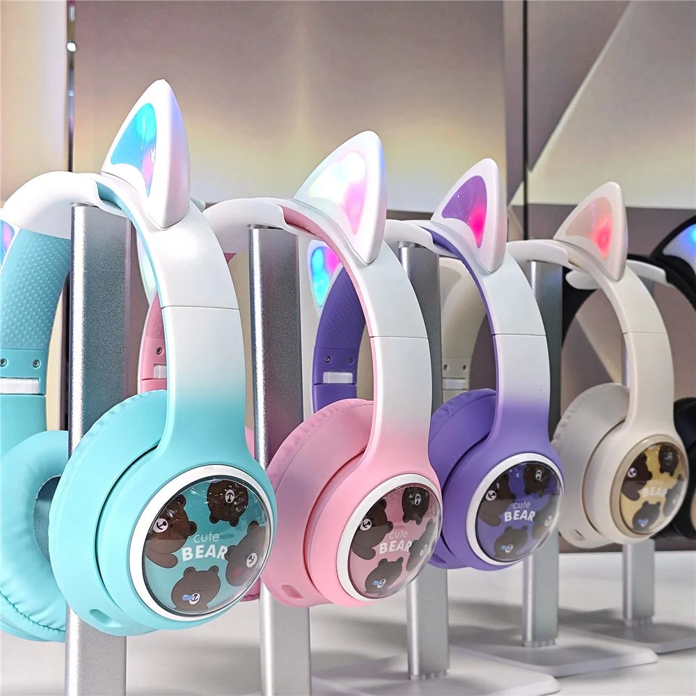 AKZ AKZ-02D Glowing Cat Ear Headphone Bluetooth-Compatible Wireless Deep Bass Gaming Headset - Pink - 4