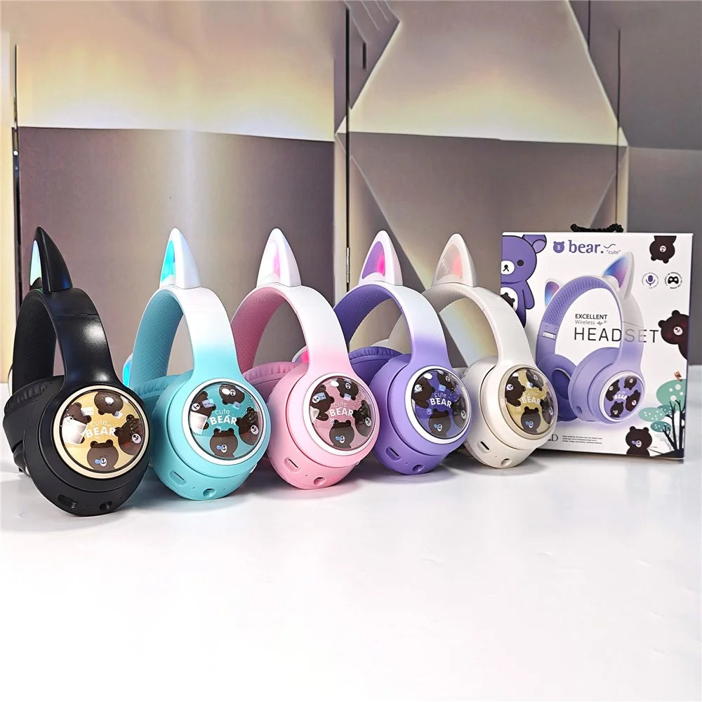 AKZ AKZ-02D Glowing Cat Ear Headphone Bluetooth-Compatible Wireless Deep Bass Gaming Headset - Pink - 5