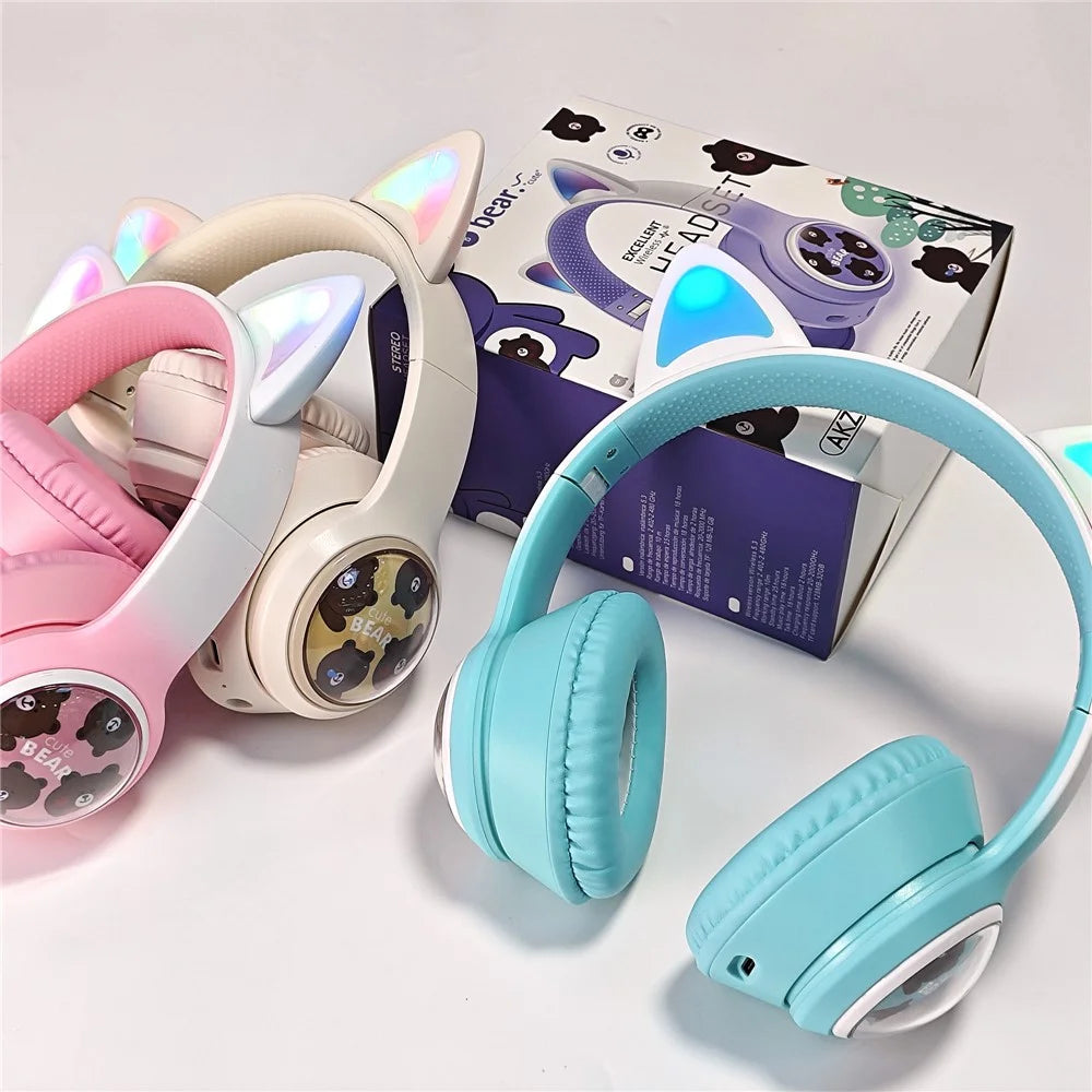 AKZ AKZ-02D Glowing Cat Ear Headphone Bluetooth-Compatible Wireless Deep Bass Gaming Headset - Pink - 7