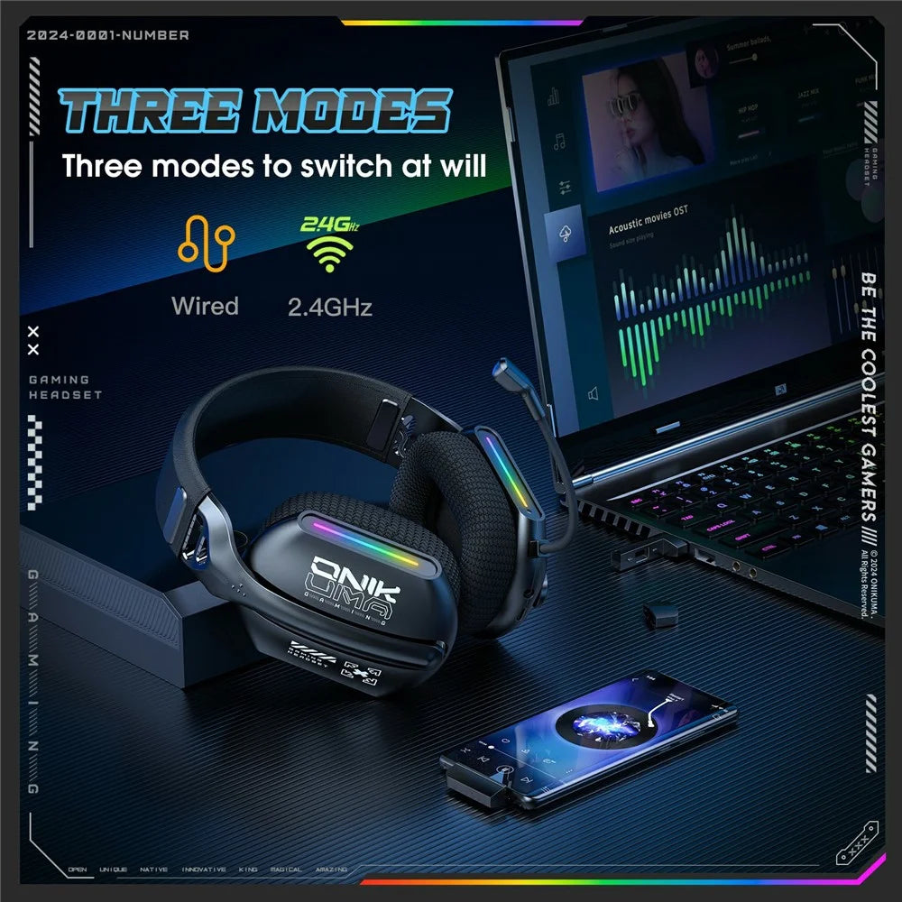 ONIKUMA GT808 Triple Mode Gaming Headset 60H Battery Life RGB Stereo Headphone for PC  /  PS5  /  Xbox - 7