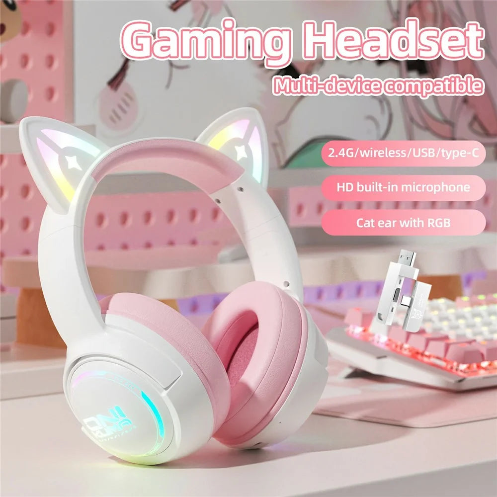 ONIKUMA GT838 Cat Ear Gaming Headset Triple Mode RGB Light Wireless Over-Ear Headphone with Mic - Pink - 2