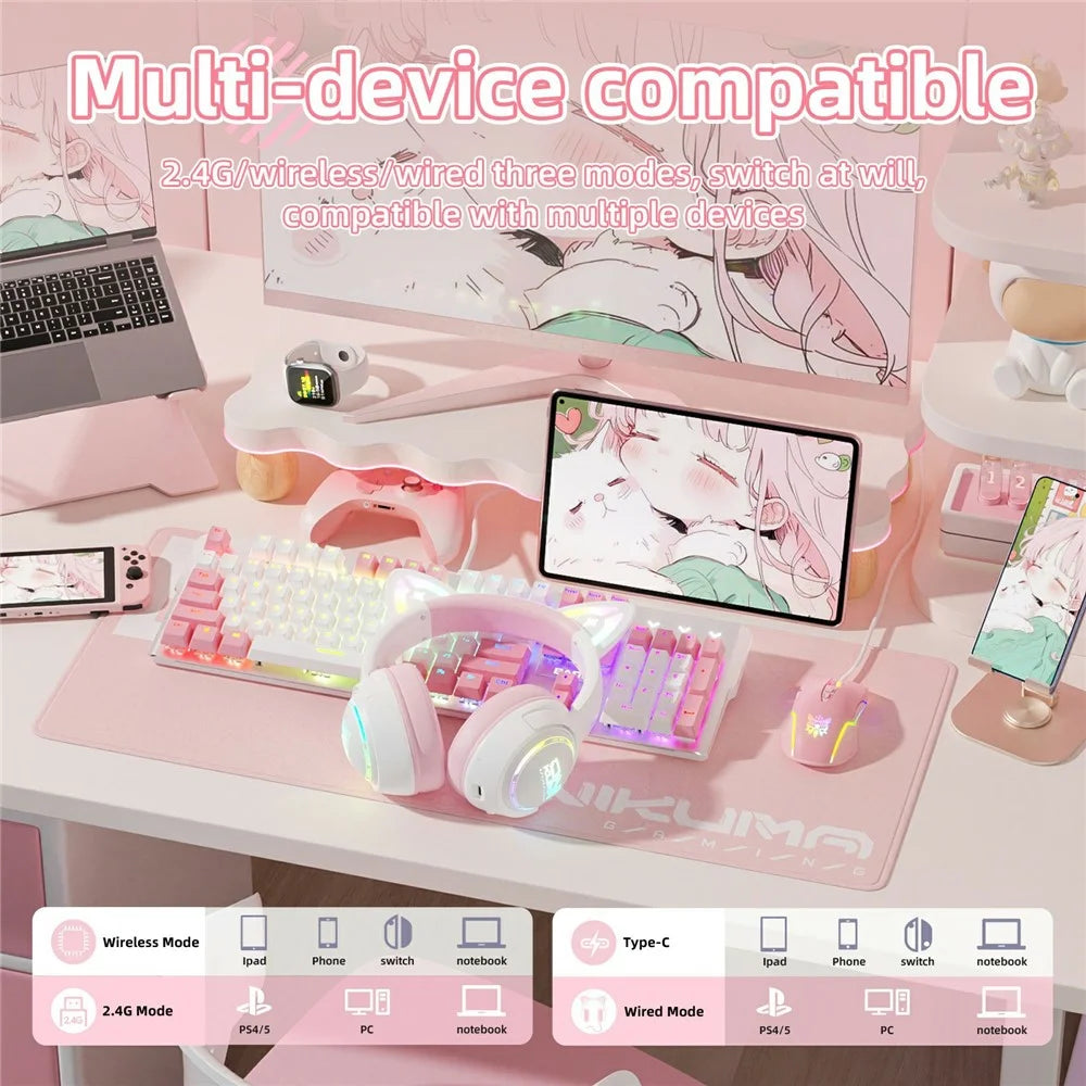 ONIKUMA GT838 Cat Ear Gaming Headset Triple Mode RGB Light Wireless Over-Ear Headphone with Mic - Pink - 4