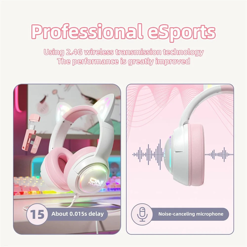 ONIKUMA GT838 Cat Ear Gaming Headset Triple Mode RGB Light Wireless Over-Ear Headphone with Mic - Pink - 5