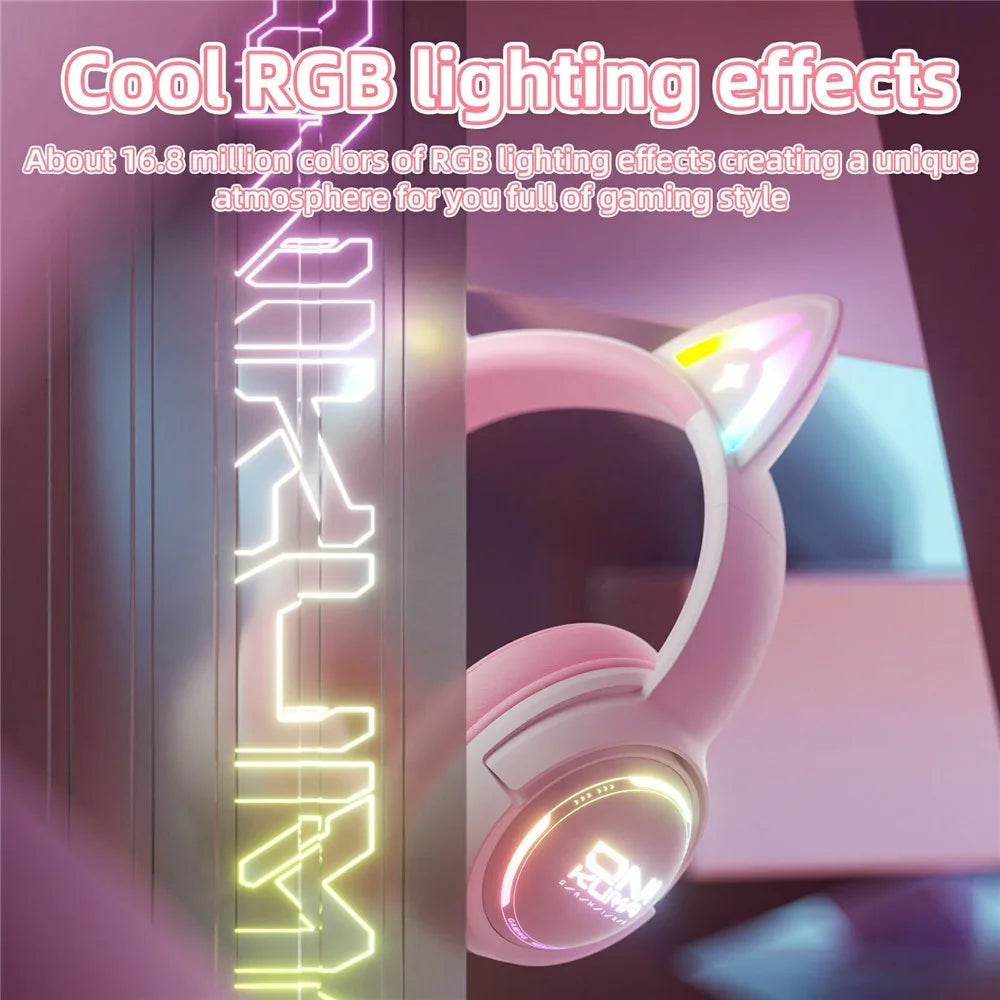 ONIKUMA GT838 Cat Ear Gaming Headset Triple Mode RGB Light Wireless Over-Ear Headphone with Mic - Pink - 6