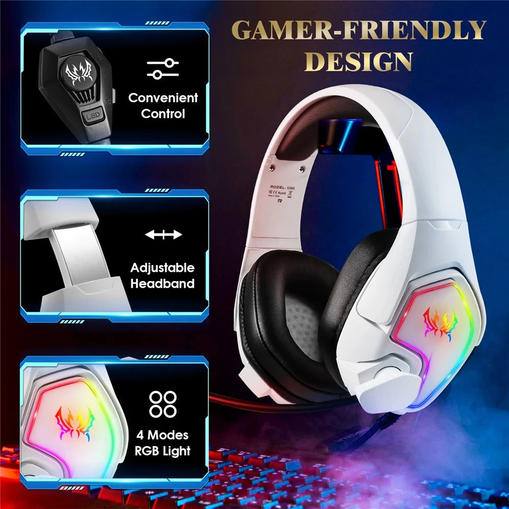 KOTION EACH G3000 For PS4 / PS5 / PC Gaming Headset RGB Light Wired Headphone with Splitter Cable - White - 3