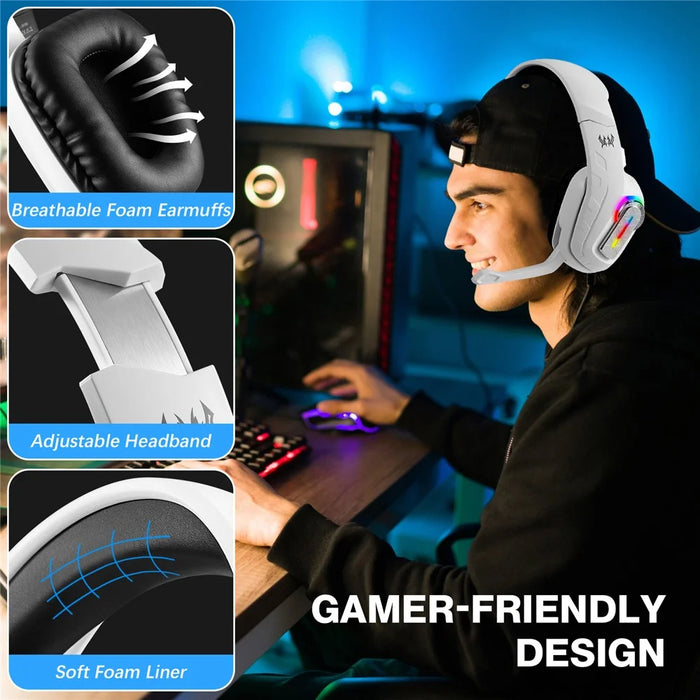 KOTION EACH G4100 Wired Gaming Headset with Mic 3.5mm + USB LED Light Over-Ear Headphone - White - 3