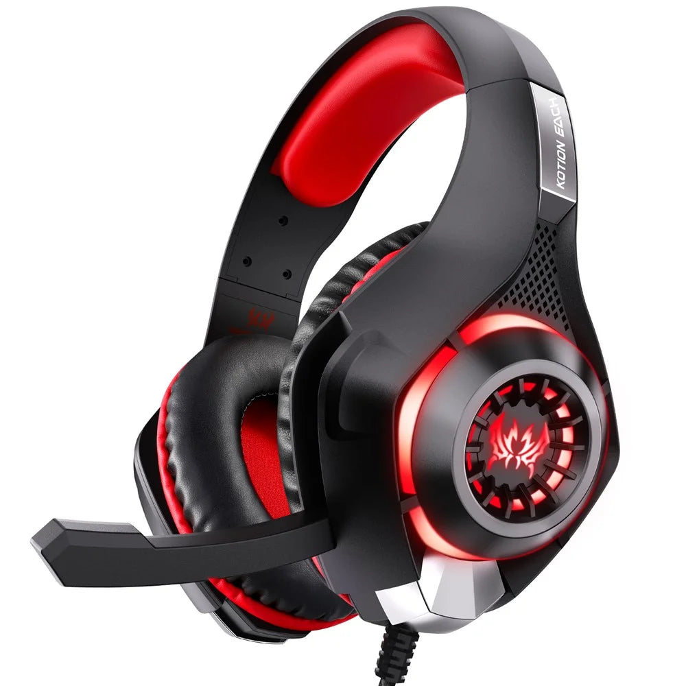 KOTION EACH GS400 LED Light Gaming Headset Wired Over-Ear Headphone with Audio Adapter Cable for PC / PS4 / PS5 - Red - 1