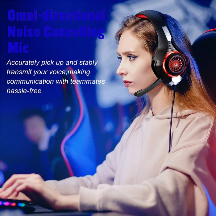 KOTION EACH GS400 LED Light Gaming Headset Wired Over-Ear Headphone with Audio Adapter Cable for PC / PS4 / PS5 - Red - 2