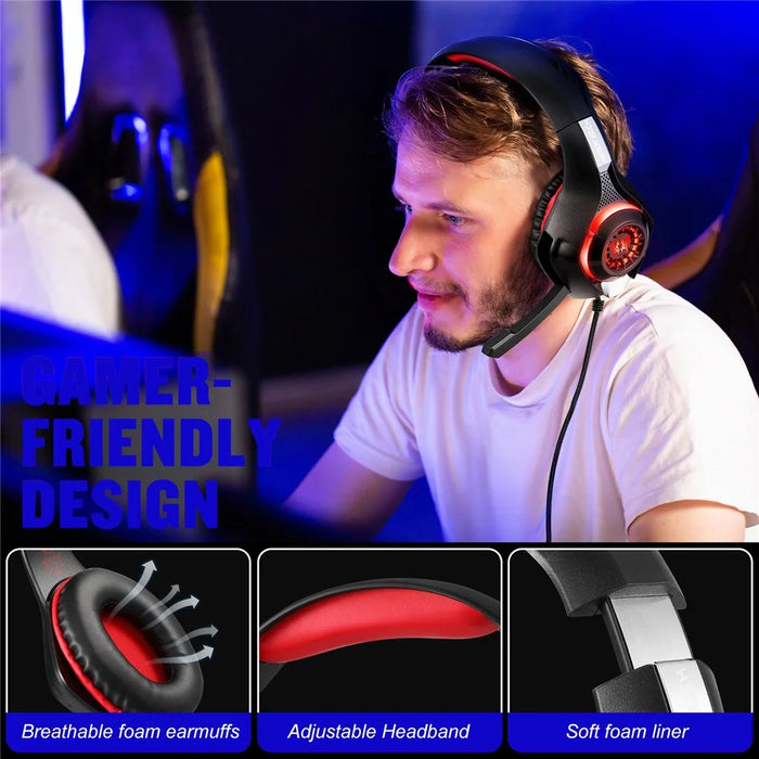 KOTION EACH GS400 LED Light Gaming Headset Wired Over-Ear Headphone with Audio Adapter Cable for PC / PS4 / PS5 - Red - 3