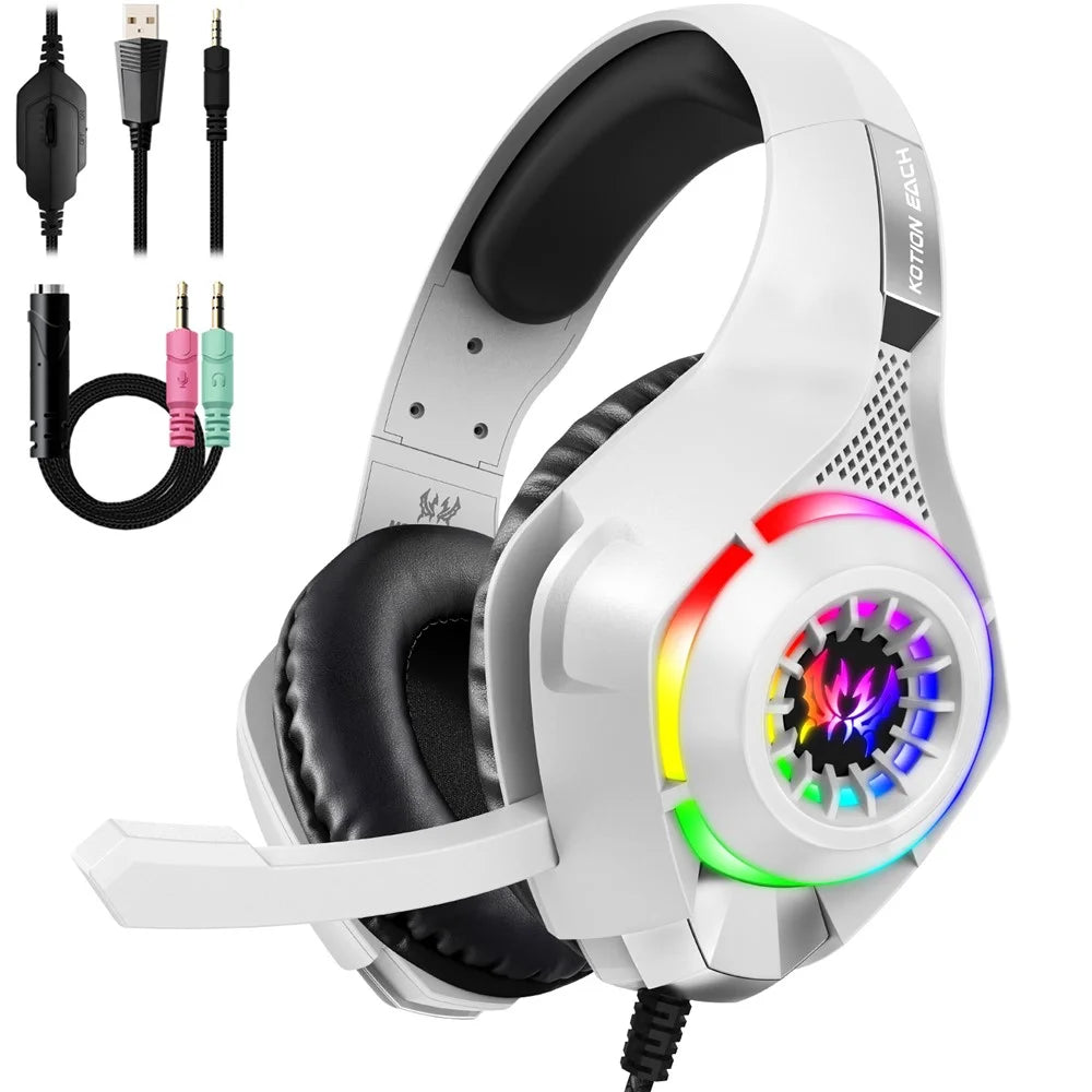 KOTION EACH GS410 For PC / PS4 / PS5 Gaming Headset RGB Light Wired Headphone with Audio Adapter Cable - White - 1