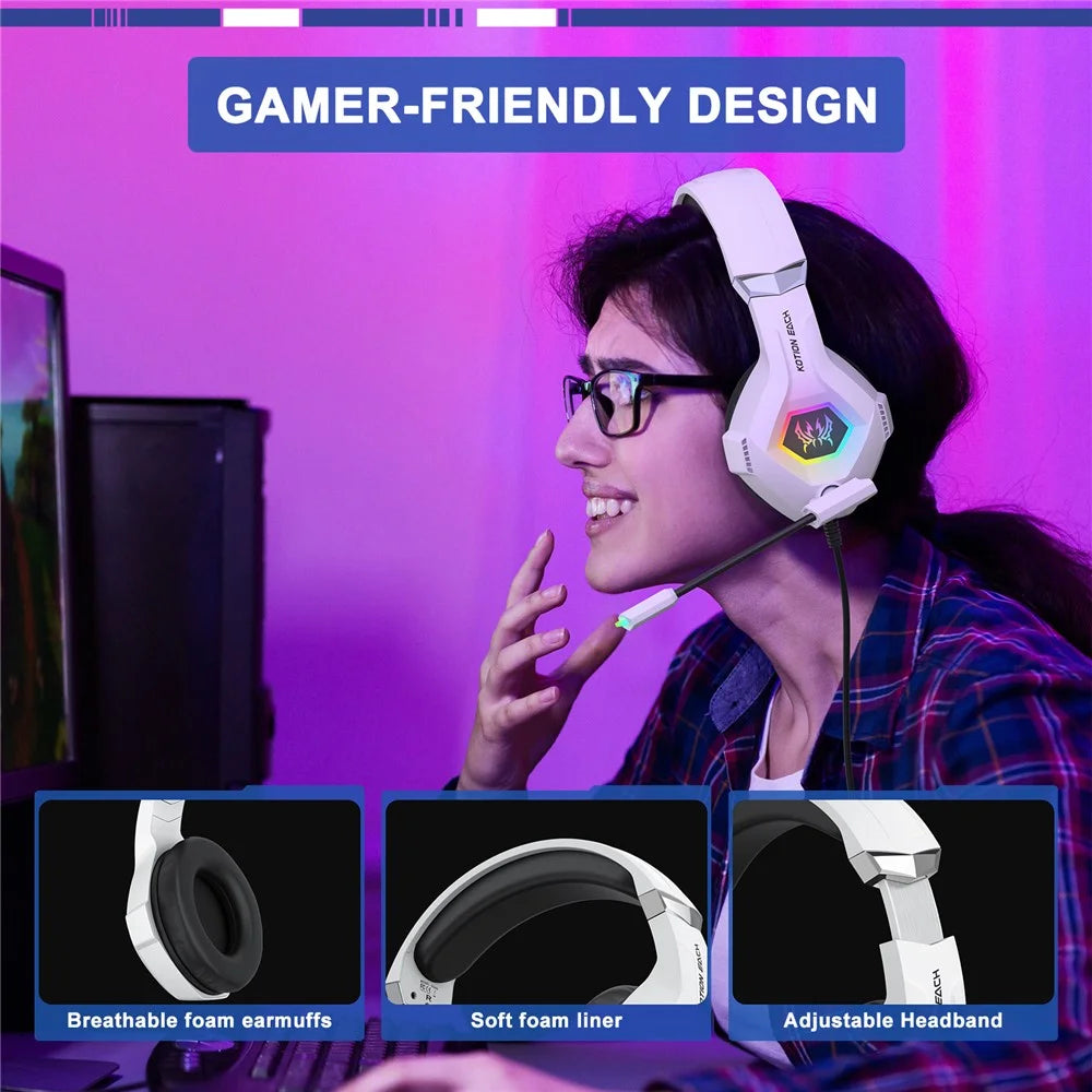 KOTION EACH GS450 For PS4 / PS5 / PC Gaming Headset RGB Wired Over-Ear Headphone with Adapter Cable - White - 5