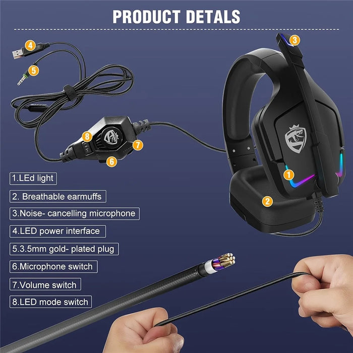 KOTION EACH S12 For PC / PS4 / PS5 Gaming Headset Rotatable Microphone Wired RGB Headphone with Adapter Cable - 6