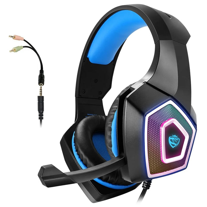 KOTION EACH V-1 Gaming Headset RGB Light Wired Computer Headphone with Adapter Cable - Black+Blue - 1