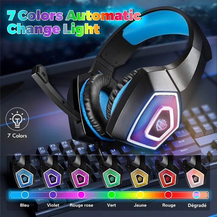 KOTION EACH V-1 Gaming Headset RGB Light Wired Computer Headphone with Adapter Cable - Black+Blue - 2
