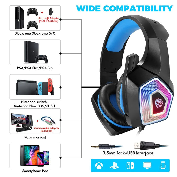 KOTION EACH V-1 Gaming Headset RGB Light Wired Computer Headphone with Adapter Cable - Black+Blue - 5
