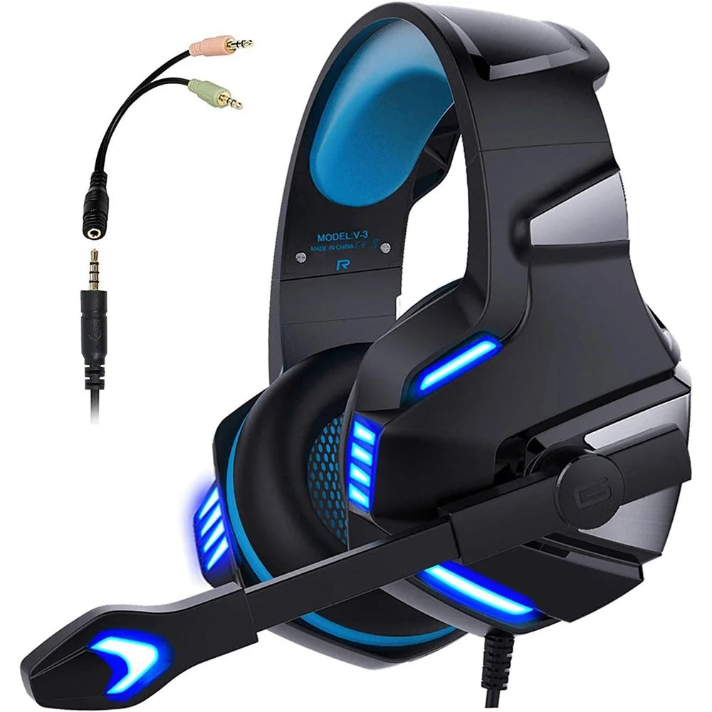 KOTION EACH V-3 Wired Gaming Headset for PS4 / PS5 LED Light Heavy Bass Over-Ear Headphone with Adapter Cable - Black+Blue - 1