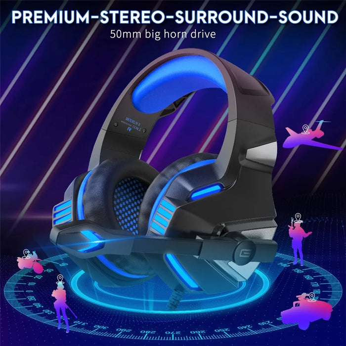 KOTION EACH V-3 Wired Gaming Headset for PS4 / PS5 LED Light Heavy Bass Over-Ear Headphone with Adapter Cable - Black+Blue - 2