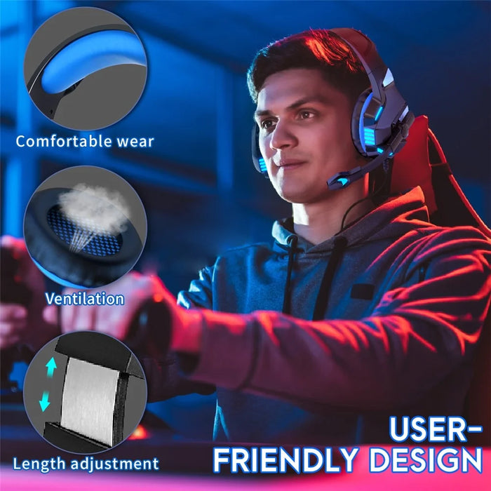 KOTION EACH V-3 Wired Gaming Headset for PS4 / PS5 LED Light Heavy Bass Over-Ear Headphone with Adapter Cable - Black+Blue - 4