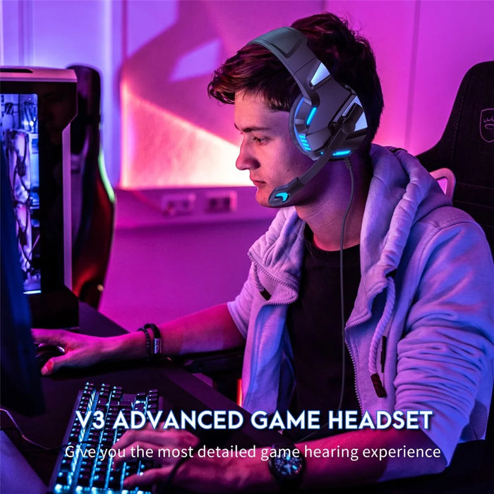 KOTION EACH V-3 Wired Gaming Headset for PS4 / PS5 LED Light Heavy Bass Over-Ear Headphone with Adapter Cable - Black+Blue - 5
