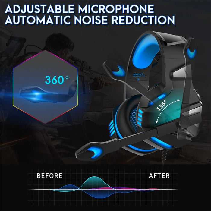KOTION EACH V-3 Wired Gaming Headset for PS4 / PS5 LED Light Heavy Bass Over-Ear Headphone with Adapter Cable - Black+Blue - 6