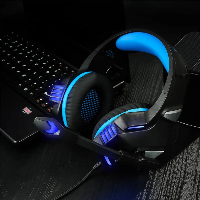 KOTION EACH V-3 Wired Gaming Headset for PS4 / PS5 LED Light Heavy Bass Over-Ear Headphone with Adapter Cable - Black+Blue - 7