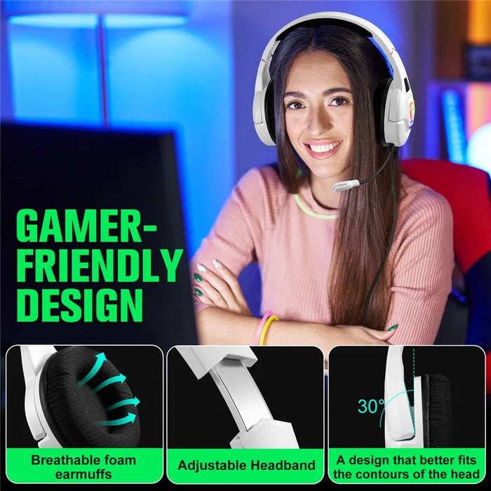 KOTION EACH S100 Wired Gaming Headset for PS4 / PS5 / Computer E-Sports LED Light Headphone with Adapter Cable - White - 3
