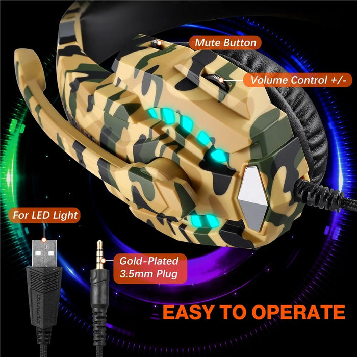 KOTION EACH G9000 Pro Camouflage Pattern Gaming Headset for PC Wired Headphones with Mic and LED Light - Yellow Camouflage - 7