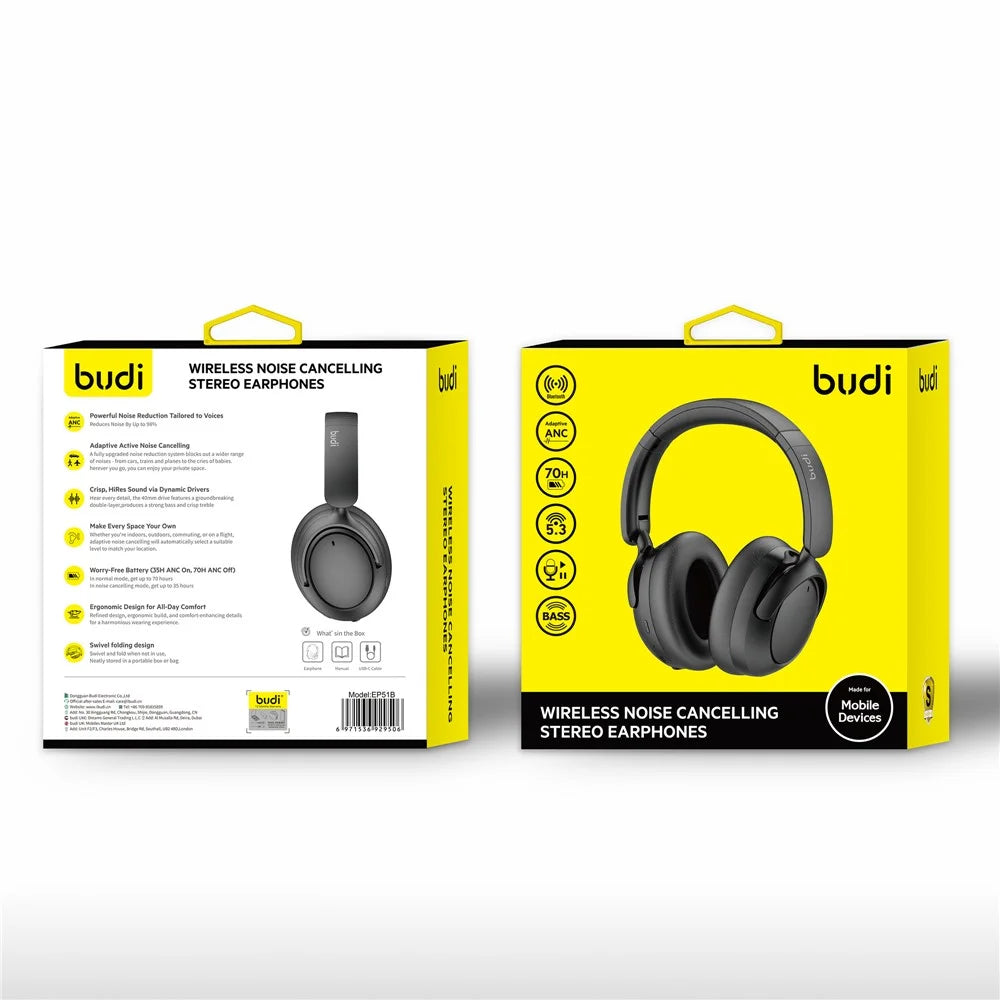BUDI EP51B Wireless Noise Canceling Stereo Headphones Crystal Clear Calls Foldable Headset - 7