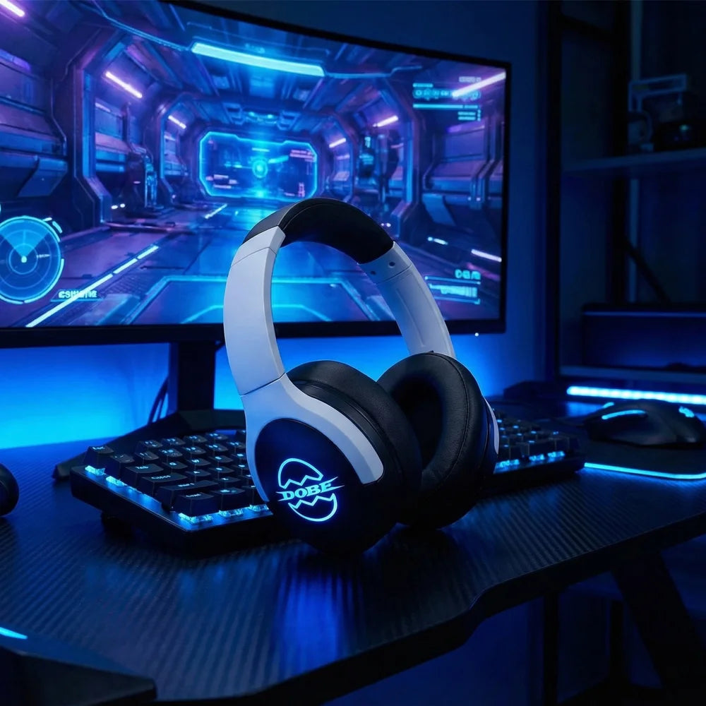 DOBE FOMIS ELECTRONICS TP5-5515 Wireless Gaming Headset 2.4G Bluetooth-Compatible Headphone with RGB LED Mic for PS5/PS4/Nintendo Switch/PC - Black/White - 7
