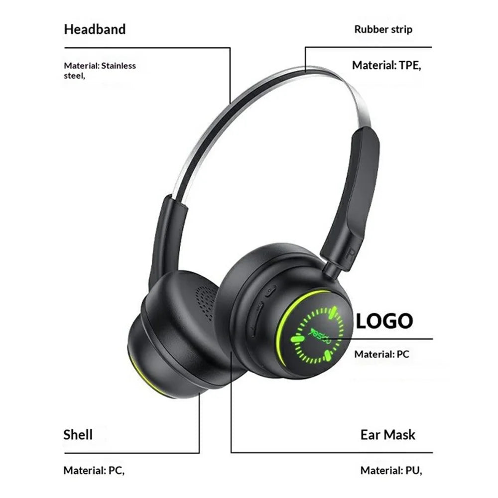 YESIDO EP15 Wireless Headphones for Kids Bluetooth-Compatible On-Ear Headset with LED Colorful Light Effects - Black - 6