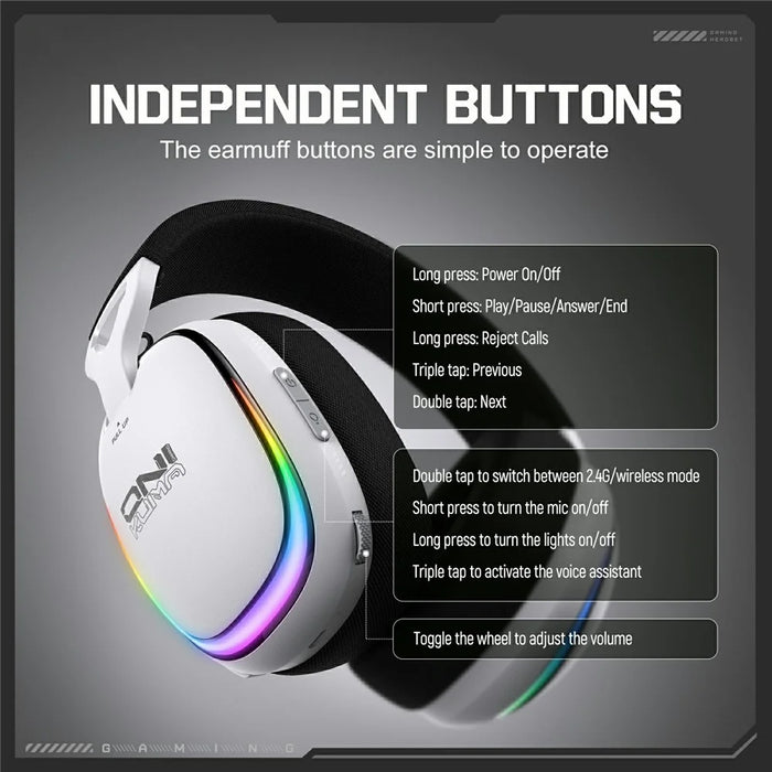 ONIKUMA GT805 4 Modes Wireless / Wired Gaming Headset Over-Ear Headphones with RGB Light - White - 6