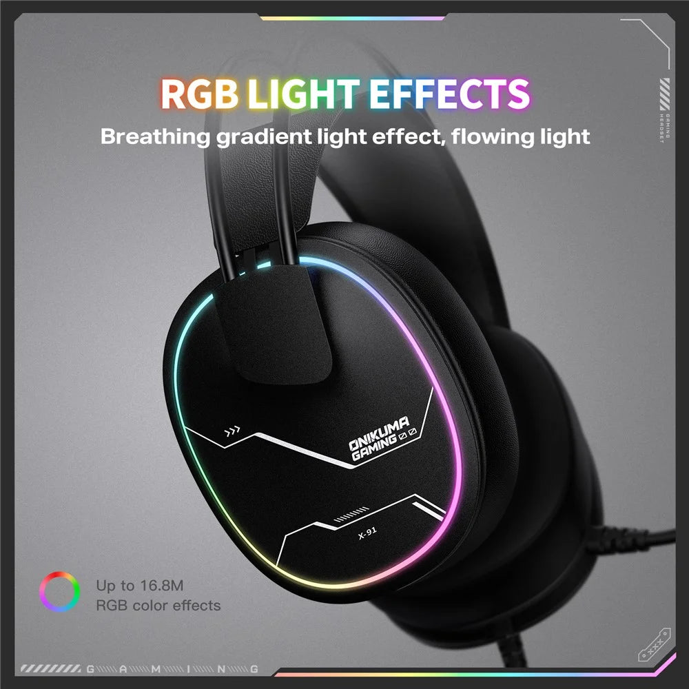 ONIKUMA X91 Gaming Headset Wired Over-Ear Headphones with Microphone RGB LED For PC  /  PS5  /  Gaming - Black - 3