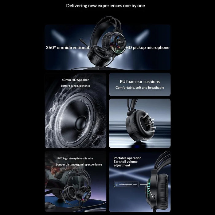 YESIDO EK06 Wired RGB Gaming Headset 40mm HD Speaker 360° Microphone Headphone for PC Computer - Black - 3