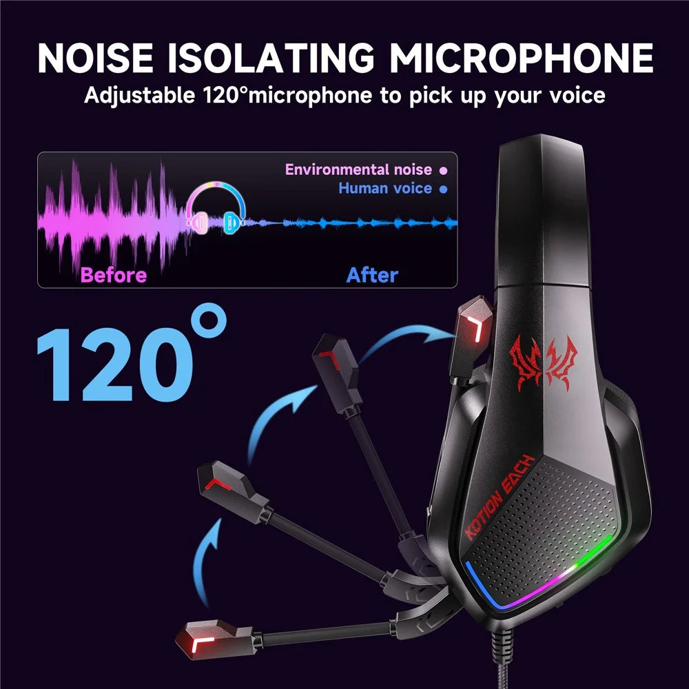 KOTION EACH G5000 Gaming Headset with Mic 7.1 Surround Sound RGB LED Headphones for PS4  /  PS5  /  PC  /  Xbox - Red - 3