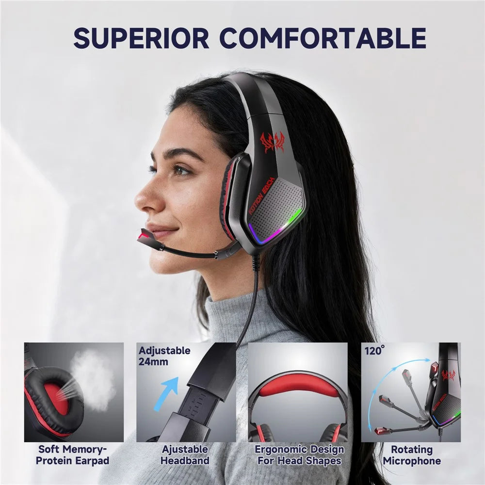 KOTION EACH G5000 Gaming Headset with Mic 7.1 Surround Sound RGB LED Headphones for PS4  /  PS5  /  PC  /  Xbox - Red - 4