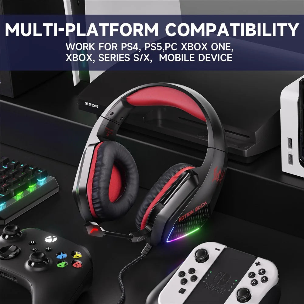 KOTION EACH G5000 Gaming Headset with Mic 7.1 Surround Sound RGB LED Headphones for PS4  /  PS5  /  PC  /  Xbox - Red - 6