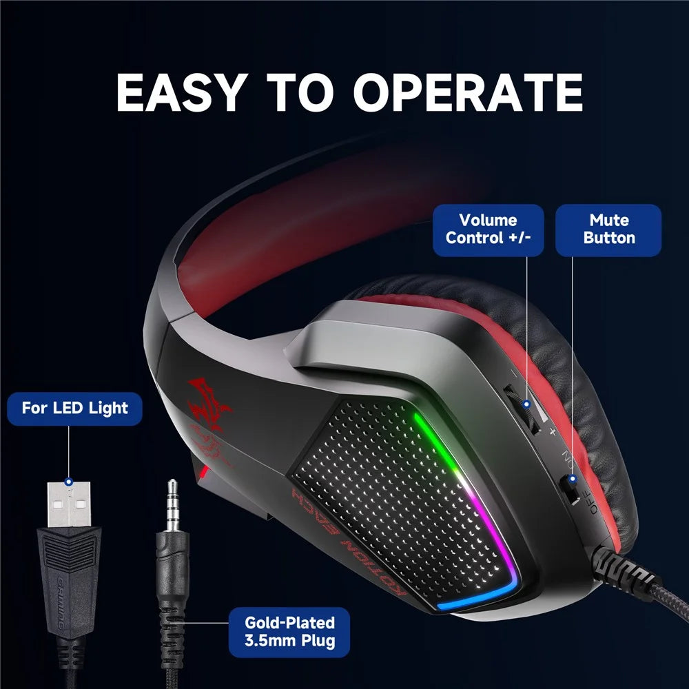 KOTION EACH G5000 Gaming Headset with Mic 7.1 Surround Sound RGB LED Headphones for PS4  /  PS5  /  PC  /  Xbox - Red - 7