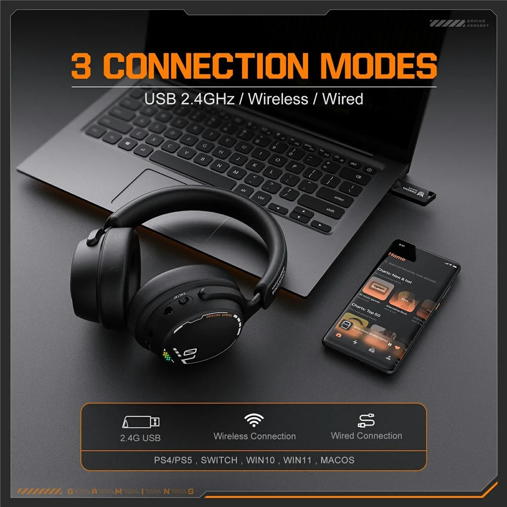 ONIKUMA GT886 Gaming Headset 2.4G Wireless Bluetooth-compatible Wired 3 Modes PC Headphone with Detachable Microphone - Black - 4