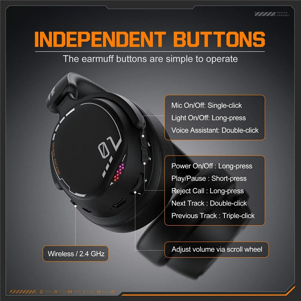ONIKUMA GT886 Gaming Headset 2.4G Wireless Bluetooth-compatible Wired 3 Modes PC Headphone with Detachable Microphone - Black - 6