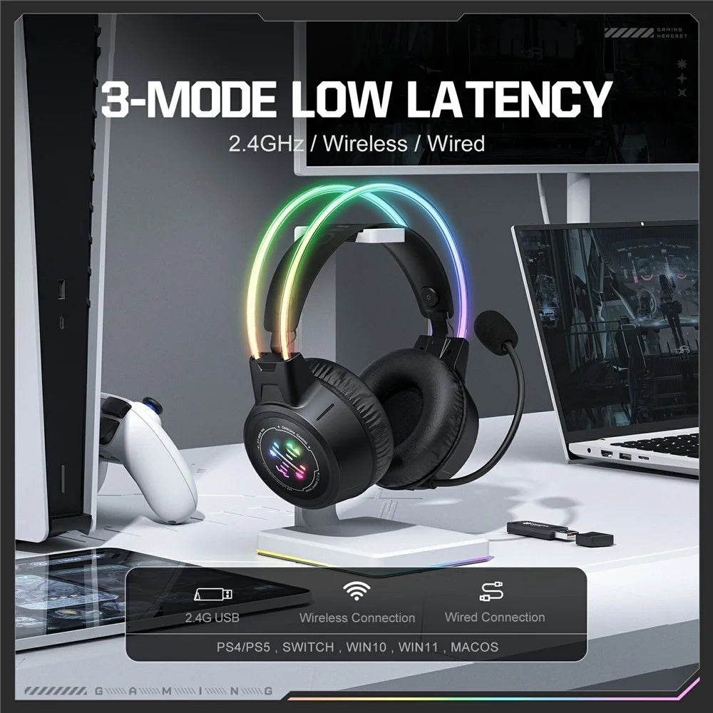 ONIKUMA GT889 Gaming Headset 2.4G Wireless Bluetooth-compatible Wired Triple-Mode RGB Lighting PC Headphones - Black - 5